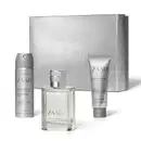Conjunto de produtos da marca Zaad, incluindo um frasco de perfume, um desodorante em aerossol e um bálsamo pós-barba, todos em embalagens prateadas com o logotipo da marca.