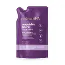 Imagem de um refil de sabonete líquido perfumado da marca Nativa SPA Orquídea Noire, com embalagem flexível de 200ml de cor roxa e texto em amarelo informando a fragrância e o ingrediente principal.