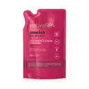 Imagem de refil de 200ml contendo sabonete líquido perfumado da marca Nativa SPA Ameixa, em embalagem de sachê flexível de cor rosa vibrante, com texto destacado em letras amarelas, pretas e brancas.