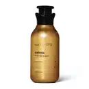 Imagem de um frasco de loção firmadora corporal da marca Nativa SPA Quinoa. A embalagem de 400ml é dourada, possui tampa preta e rótulo impresso em letras brancas e pretas 