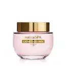 Frasco de vidro de creme perfumado da marca Nativa SPA Ameixa na cor rosada, com tampa dourada e embalagem rosa claro, contendo texto em dourado escrito Crème Parfumée no rótulo.