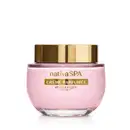 Frasco de vidro de creme perfumado da marca Nativa SPA Ameixa Negra na cor rosada, com tampa dourada e embalagem rosa claro, contendo texto em dourado escrito Crème Parfumée no rótulo.