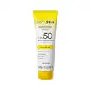Protetor solar corporal de proteção alta (FPS 50) da marca Boti Sun. Embalagem em tubo plástico amarelo e branco, com letras pretas. Peso líquido de 120g. Contém proteção UVB, UVA e antioxidante. Rótulo com informações do produto em português.
