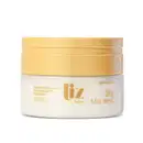 Pote transparente de creme hidratante corporal da marca Liz Aura, com creme branco, tampa dourada e rótulo em dourado, contendo 250g do produto.