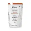 Imagem de um refil de shampoo da marca Match. Nutrição Regeneradora. A embalagem em forma de sachê é na cor branca com detalhes laranja e letras pretas, trazendo 250ml de produto.