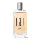 Frasco de vidro transparente com líquido âmbar, rótulo preto e tampa prateada contendo 90ml de desodorante colônia Egeo Cogu.