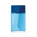 Imagem de um frasco de desodorante colônia da marca Quasar Rush  em tom azul claro, com tampa azul escura, formato geométrico e texto branco no rótulo.