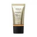 Frasco de base com 8 tipos de ácido hialurônico e probióticos da marca Make B., com FPS 70, UVA+++ e proteção à luz azul. Embalagem em tons de bege e preto, com informações sobre o produto.
