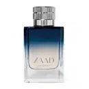 Frasco de item de perfumaria da marca Zaad, com design degradê azul e branco, rótulo com nome "Infinity" em letras prateadas, tampa metálica estriada.