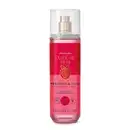 Imagem de um frasco transparente e líquido rosa de body splash Cuide-se Bem Morango e Leite com rótulo vermelho e rosa, contendo texto e imagem de morango.