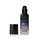 Frasco de vidro retangular aberto em degradê de preto para o azul base líquida da marca Make B.  Retinol 3 H+, na parte inferior se vê o tom bege da base. O rótulo contém texto escrito em branco, com destaque para o FPS 80. Tampa preta ao lado do frasco