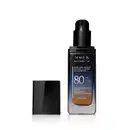 Frasco de vidro retangular aberto em degradê de preto para o azul base líquida da marca Make B.  Retinol 3 H+, na parte inferior se vê o tom marrom da base. O rótulo contém texto escrito em branco, com destaque para o FPS 80. Tampa preta ao lado do frasco
