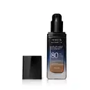 Frasco de vidro retangular aberto em degradê de preto para o azul base líquida da marca Make B.  Retinol 3 H+, na parte inferior se vê o tom marrom da base. O rótulo contém texto escrito em branco, com destaque para o FPS 80. Tampa preta ao lado do frasco