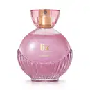 Frasco de vidro de item de perfumaria rosa com logo Liz D'Essence e borrifador dourados, e frasco redondo, sendo metade liso e metade com textura de concha. Tampa em acrílico rosa transparente.