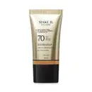 Frasco de base com 8 tipos de ácido hialurônico e probióticos da marca Make B., com FPS 70, UVA+++ e proteção à luz azul. Embalagem em tons de bege e preto, com informações sobre o produto.