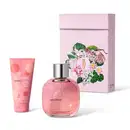 Imagem de kit de presente Celebre Sua Força, trazendo um frasco rosa com bolas amarelas e laranjas de creme hidratante para as mãos e um moderno vidro transparente com tampa prateada do desodorante colônia, além de uma caixa com ilustração floral.