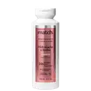 Frasco branco de shampoo da linha Match, com rótulo rosa destacando os ingredientes biocrystal quartz e óleo de abacate, para hidratação e brilho dos cabelos.