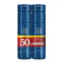 Imagem de dois body sprayda marca Egeo Blue na cor azul, com rótulos em dourado. Há uma faixa indicando oferta especial de compre 2 e ganhe 50% de desconto na segunda unidade.
