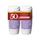 Imagem de dois frascos de desodorante antitranspirante roll-on com rótulo "Rosa e Algodão" em embalagem branca e roxa. Cada frasco contém 55 ml de produto. Oferta especial com 50% de desconto na segunda unidade.