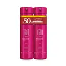 Dois frascos cilíndricos de body spray da marca Egeo Dolce, na cor pink unidos por fita adesiva vermelha e amarela destacando oferta especial de compre 2 e ganhe 50% de desconto na segunda unidade.