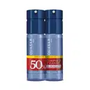 Dois frascos azuis de item de perfumaria da marca Quasar, com rótulo indicando oferta especial de compre 2 e ganhe 50% de desconto na segunda unidade.