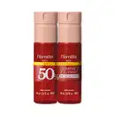 Dois frascos de item de perfumaria da marca Floratta na cor vermelha, com rótulo destacado em amarelo informando "Oferta especial: compre 2 e ganhe 50% de desconto na segunda unidade".
