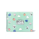 Livo de colorir com capa azul-clara com ilustrações de nuvens, frutas e animais, com o texto "Boti Splashes" impresso na parte frontal.