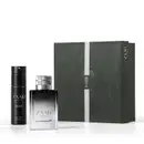 Caixa cinza escura com padrão ondulado e rótulo prateado com a marca "ZAAD INTENSE". Dentro, frasco de fragrância preto e prata com pulverizador e item de perfumaria em embalagem preta.