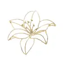 Broche em forma de flor de lírio com pétalas brancas delicadas e elegantes contornadas por um filete de cor dourada.