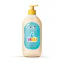 Frasco de sabonete líquido infantil da marca É MEU, com embalagem em cor rosa claro e rótulo azul e amarelo, apresentando um desenho de personagem sorridente e volumetria de 400ml legível no rótulo.