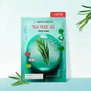 Máscara facial Bringgreen Fresh Mask Tea Tree Cica, em embalagem verde com gotas d'água, destacando os benefícios de hidratação e calmante