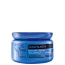 Frasco de máscara capilar hialurônica da marca Eudora, com embalagem azul e rótulo preto destacando o nome "Hair-plastia". O produto promete corrigir lesões do fio e hidratação tridimensional.
