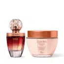 Perfume La Victorie Intense em frasco de vidro cor bronze com detalhes em cobre. Creme corporal hidratante desodorante La Victorie Intense em embalagem de vidro transparente, cor rosa do creme, com tampa cobre. O perfume tem 250g e o creme corporal 250g.