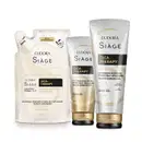 A imagem mostra um kit com três produtos, um refil de máscara capilar, uma bisnaga de condicionador e outra de shampoo. Todos com embalagem branca e bege, letras pretas e douradas.