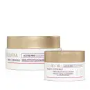 Dois potes de creme facial da linha Neo Dermo da marca Eudora. Um pote branco com tampa dourada contém "Creme Hidratante Facial Uniformizador" da coleção Active Pro Collection. O outro pote branco com tampa dourada é um "Creme Redutor de Olheiras"