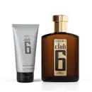 Conjunto de produtos de beleza da linha Club 6 da Eudora, composto por um frasco de perfume com rótulo dourado e um tubo de bálsamo pós-barba em embalagem cinza.