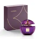 Frasco de perfume Eudora em embalagem roxa e dourada, com design elegante e sofisticado. O produto é apresentado em uma caixa de papelão também na cor roxa, com detalhes dourados.