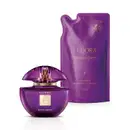 Perfume Eudora em frasco arredondado de vidro roxo com detalhes dourados. Sachê refil 200g de creme corporal hidratante desodorante Eudora Indulgent Cream na cor roxa, com detalhes em dourado.