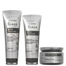 Os produtos Siàge Nutri Diamond incluem um shampoo, um condicionador e uma máscara de tratamento em embalagens brancas e cinzas. Os rótulos destacam os benefícios de nutrição e brilho que duram até 10 lavagens.