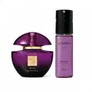 Conjunto de produtos Eudora Absolu, composto por um frasco de perfume de cor roxa e um frasco de desodorante corporal também na cor roxa, ambos com detalhes dourados no rótulo.