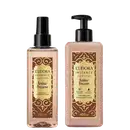 Dois produtos Eudora Instance Âmbar Precioso: Body Splash 200ml com spray e Creme Hidratante Desodorante Corporal 400ml com pump. Frascos em tons bege e rosa com rótulos dourados e marrom, design ornamental.