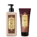 Dois produtos Eudora Instance Tâmara Negra: creme hidratante desodorante corporal 400ml em frasco bege com bomba preta, e sabonete líquido perfumado 180ml em tubo marrom. Ambos com rótulos dourados e marrom-escuro.