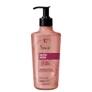 Frasco tipo pump do Shampoo da linha Nutri Rosé, com bomba dosadora preta e rótulo rosa com detalhes em vermelho, contendo informações sobre os benefícios do produto.