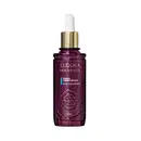 Embalagem em frasco de vidro roxo com conta-gotas dourado contendo sérum preenchedor de ácido hialurônico da linha Neo Dermo da marca Eudora, com informações sobre o produto em branco, dourado e azul impressas no rótulo.
