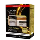 Caixa de produto de tratamento capilar Eudora Siàge Cica-Therapy, contendo shampoo de 250 ml e máscara capilar de 250 g, com destaque para os benefícios de cicatrização e restauração da fibra capilar.