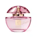 Frasco do Eau de Parfum Eudora Rosé. O frasco é feito de vidro rosa com detalhes em dourado. Na parte frontal, está gravado o nome "Rosé" em letras douradas cursivas. O topo do frasco tem uma tampa em vidro que deixa entrever a parte dourada do borrifador