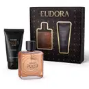 Conjunto Pulse Action composto por uma caixa elegante preta com o logotipo Eudora em dourado, na sua frente um frasco de vidro de Pulse cor âmbar e um tubo de bálsamo pós-barba. Todos os itens exibem o nome Pulse Action e logo Eudora de forma proeminente.