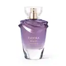 Frasco de  Eudora Magnific Violet Dahlia, com formato arredondado e tampa dourada, em embalagem de vidro transparente com tonalidade roxa.