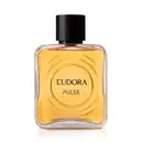 Frasco do Desodorante Colônia Eudora Pulse, com formato retangular e tampa preta. O frasco é transparente, permitindo ver o líquido de cor amarelada. O rótulo exibe o nome da fragrância em letras pretas.