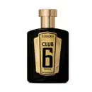 Frasco de item de perfumaria preto e dourado com rótulo destacado "Eudora Club 6 Prestige". O frasco possui formato retangular com detalhes geométricos dourados na tampa e na parte inferior. 